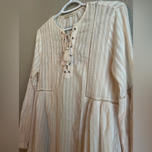 Ulla Johnson Pink Striped Mini Dress Sz 4 Cotton Long Sleeves Tassels Boho Beach - Picture 6 of 12